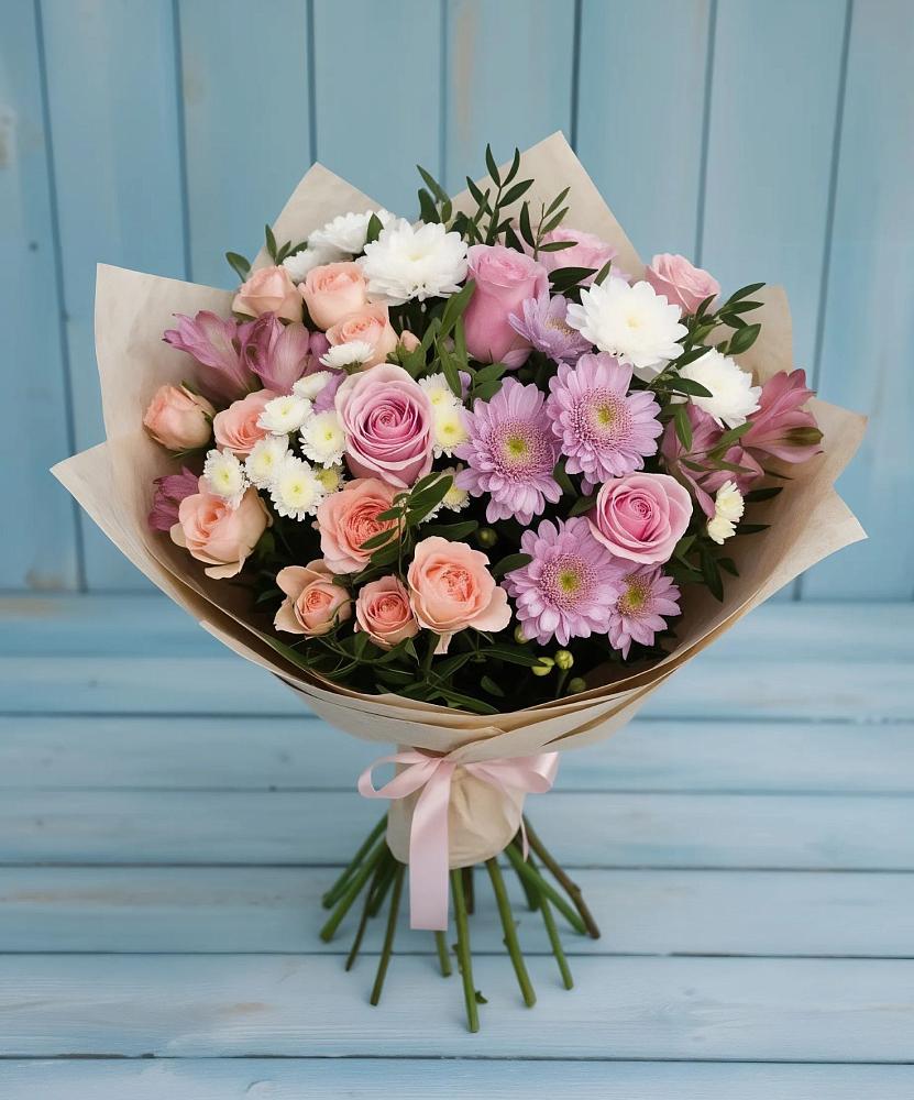 Букет цветов из: Хризантемы, Розы и Альстромерии в Кадоме