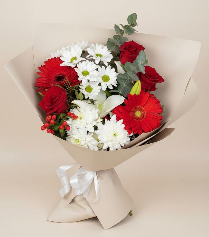 Букет цветов из: Розы, Хризантемы, Герберы и Лилии в Кадоме