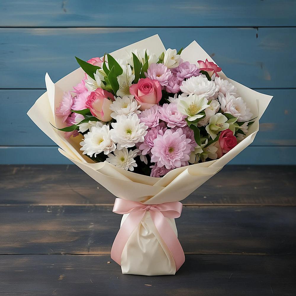 Букет цветов из: Хризантемы, Альстромерии и Розы в Кадоме